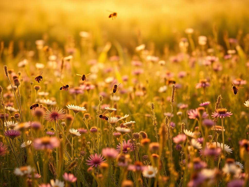 A sunlit meadow of wildflowers with bees flying between blooms