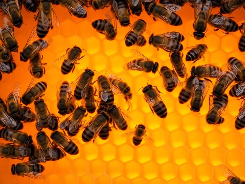 Honey bees clustered together on golden honeycomb