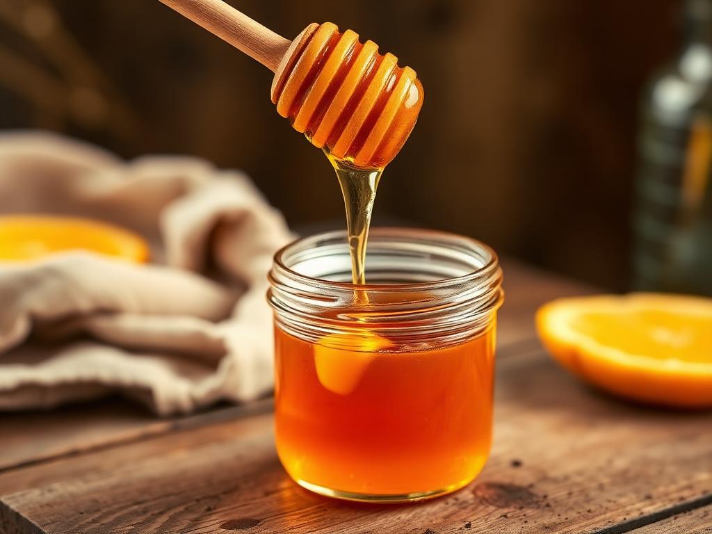 Golden honey dripping from a wooden dipper into a glass jar
