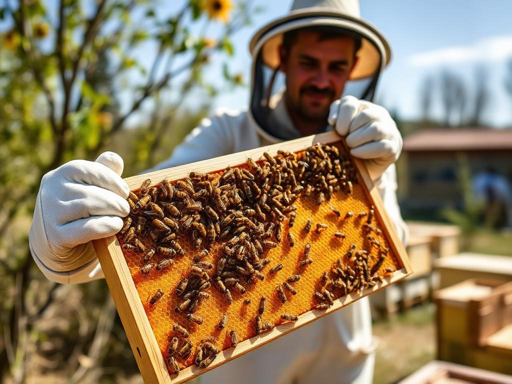 Beekeeper holding a hive frame covered in bees and capped honeycomb