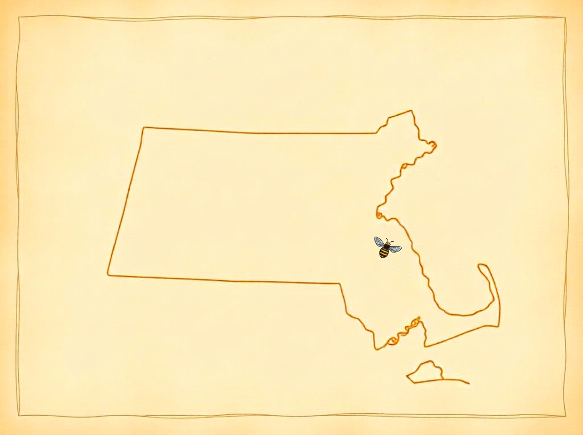 Illustrated honey-toned map of Massachusetts marking our local area