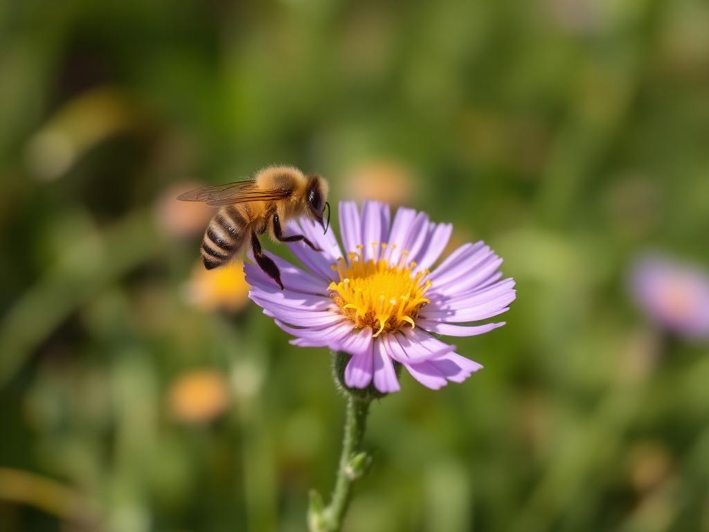 A honey bee dusted with pollen resting on a purple wildflower