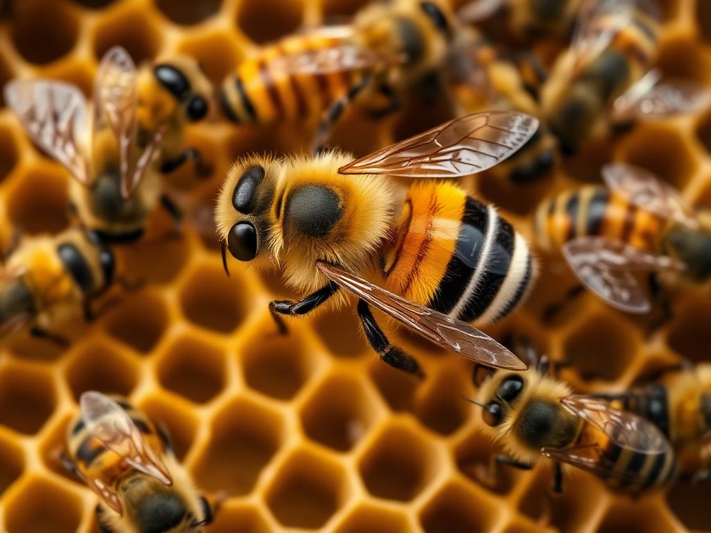 A queen bee surrounded by worker bees on honeycomb