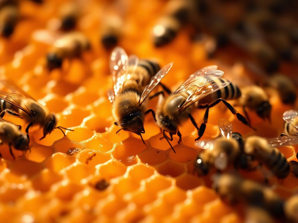 Worker bees building and filling wax honeycomb cells